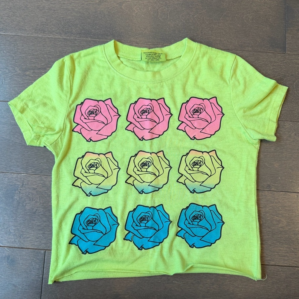 Kids Neon Green Rose Graphic Tee with Pink, Yellow & Blue Roses